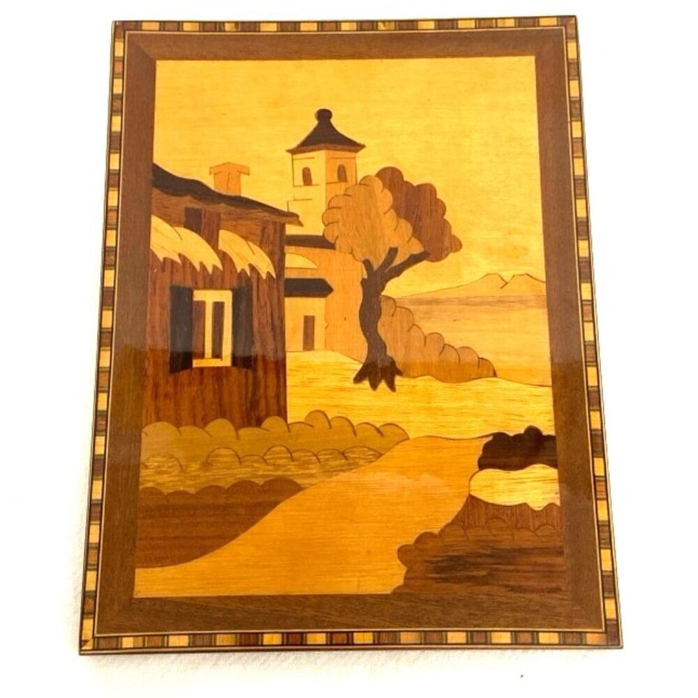 Vtg Marquetry Inlaid Wood Plaque Church Coastal Tree Hanging‎ Wall Art